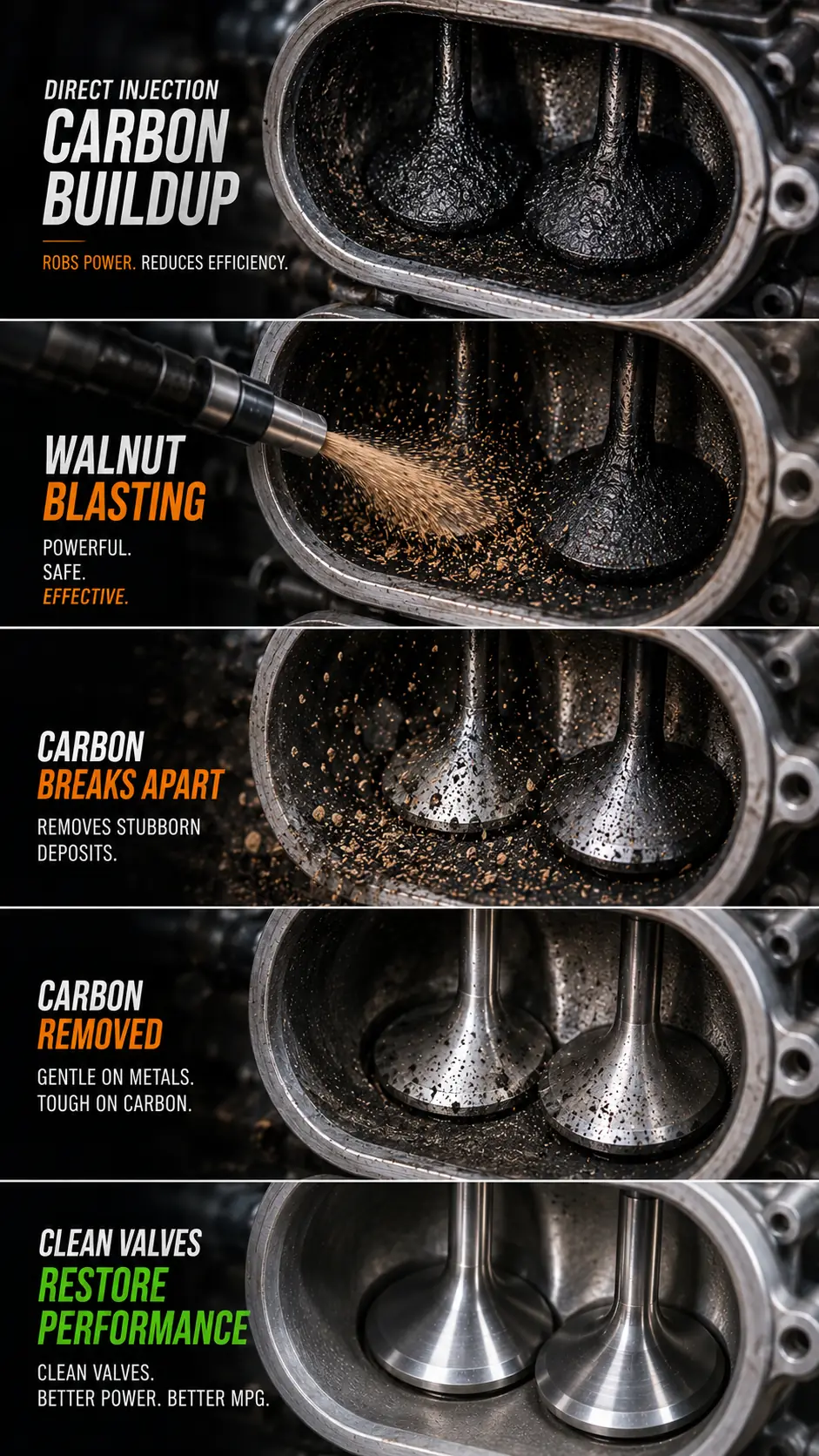 Five-step walnut blasting visual: carbon buildup, walnut blasting, carbon breaking apart, carbon removed, and clean valves restoring performance.